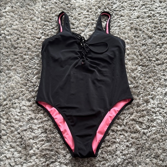 PINK Victoria's Secret Black and Pink One Piece Swimsuit with Ruched Bust - Picture 1 of 6